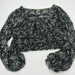 FREE PEOPLE Black Combo Paisley Lolita Square Neck Long Sleeve Peasant Top L